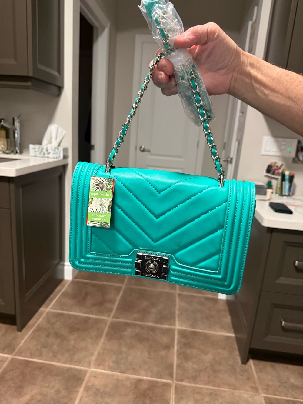 Badgley Mischka Turquoise Quilted Chain Crossbody Bag